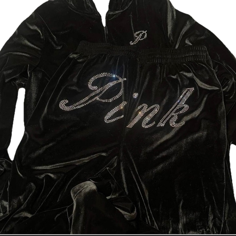Pink by Victoria's Secret Black Velour bling Y2K Tracksuit Set #velvettracksuit